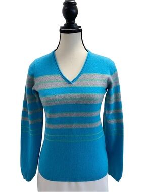 Lochmere Machine Washable Cashmere  V-Neck Striped Sweater in Bright Blue Size S